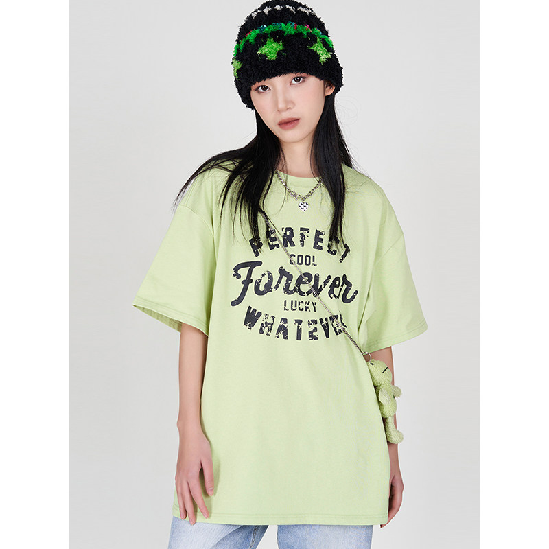 240G纯棉ZUOBEIKA潮牌绿色T恤女短袖美式字母宽松圆领欧货半袖夏