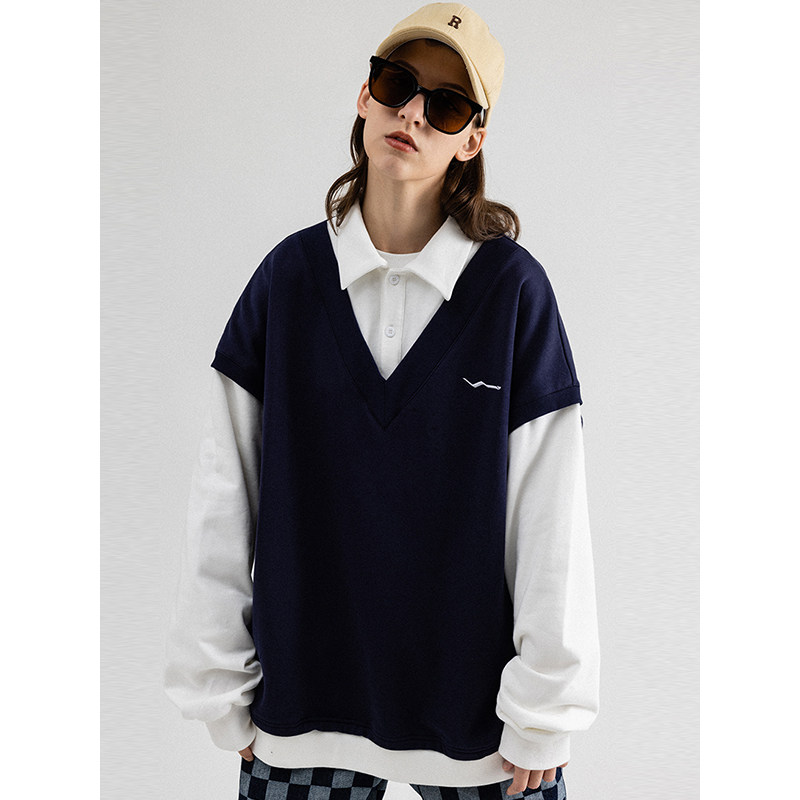ZUOBEIKA国潮假两件卫衣女2022新款纯棉慵懒风宽松美式无帽POLO衫