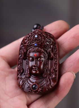 小叶紫檀观音头吊坠投影观世音菩萨男女佛珠项链佛牌时来运转挂件