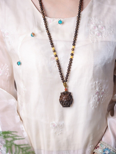 越南富国岛白棋沉香项链凤九牌吊坠男女士长链6mm约32克情侣挂件