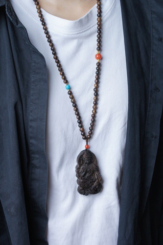 芽庄红土奇楠沉香项链自在观音无事牌男女士挂件毛衣链情侣款