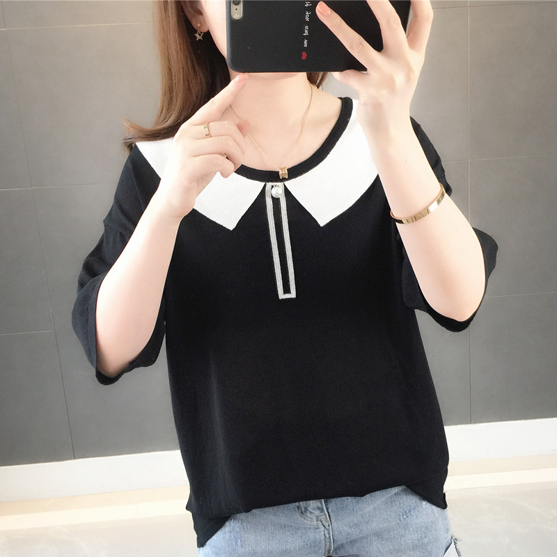 冰丝t恤女短袖丧系衣服慵懒风宽松2019新款夏潮娃娃领打底衫上衣满58元可用2元优惠券