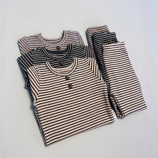 北欧儿童家居服秋冬中小童男女宝宝保暖条纹打底衫 子两件套 睡衣裤