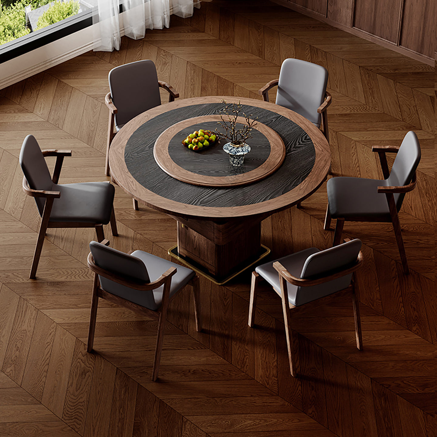 实木圆餐桌麻将桌两用脚柜可储物