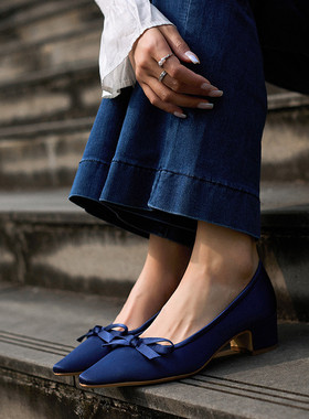 Simple Rainbow新中式~缎面尖头韩版浅口单鞋蝴蝶结蓝色通勤单鞋