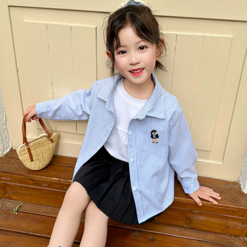 女童条纹衬衣儿童洋气长袖衬衫中小童装上衣开衫女孩休闲春秋新潮