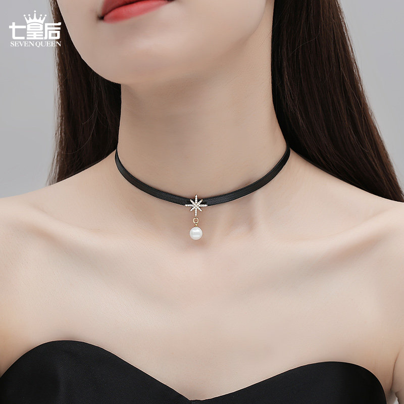 六芒星珍珠项圈女颈带锁骨链图片