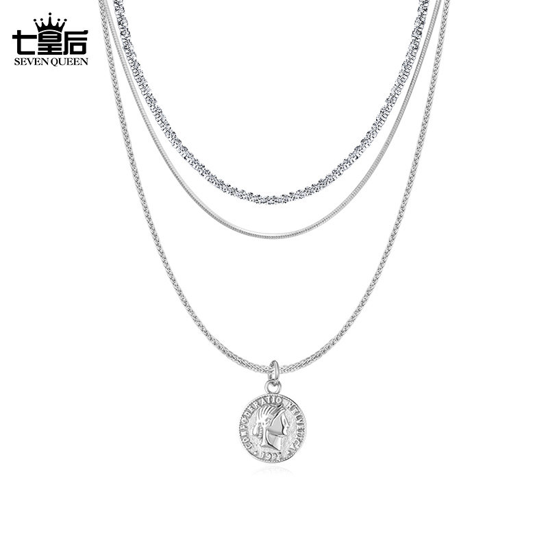 999足银多层叠戴项链女圆牌锁骨链925纯银高级感吊坠不掉色毛衣链