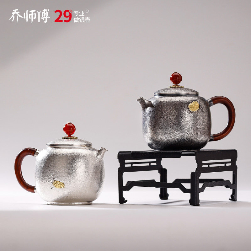 银茶壶999纯银泡茶壶纯手工一张打佛手德钟壶小银壶日式功夫茶具