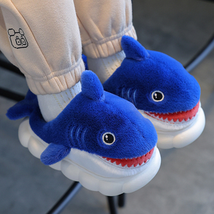 鲨鱼儿童棉拖鞋男童包跟室内家居棉鞋小男孩保暖男宝宝毛拖鞋冬季