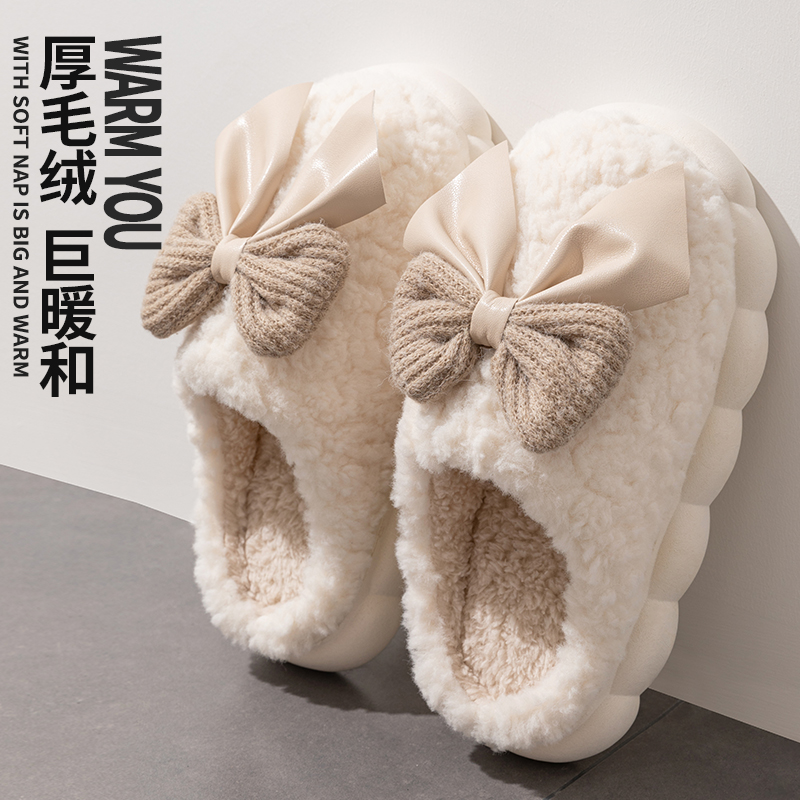 冬季新款加绒保暖网红蝴蝶结棉拖