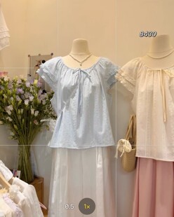 2026夏季新款韩版甜美木耳边系带短袖衬衫女百搭小清新上衣