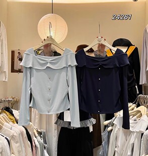 上衣女气质百搭小清新小衫 2026早春新款 甜美荷叶边一字肩长袖