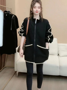 慵懒风立领宽松休闲撞色卫衣蝙蝠袖外套女2023秋季中长款上衣开衫