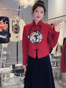 设计感中国风盘扣刺绣纯色立领红色短款毛衣女2023秋冬长袖上衣潮