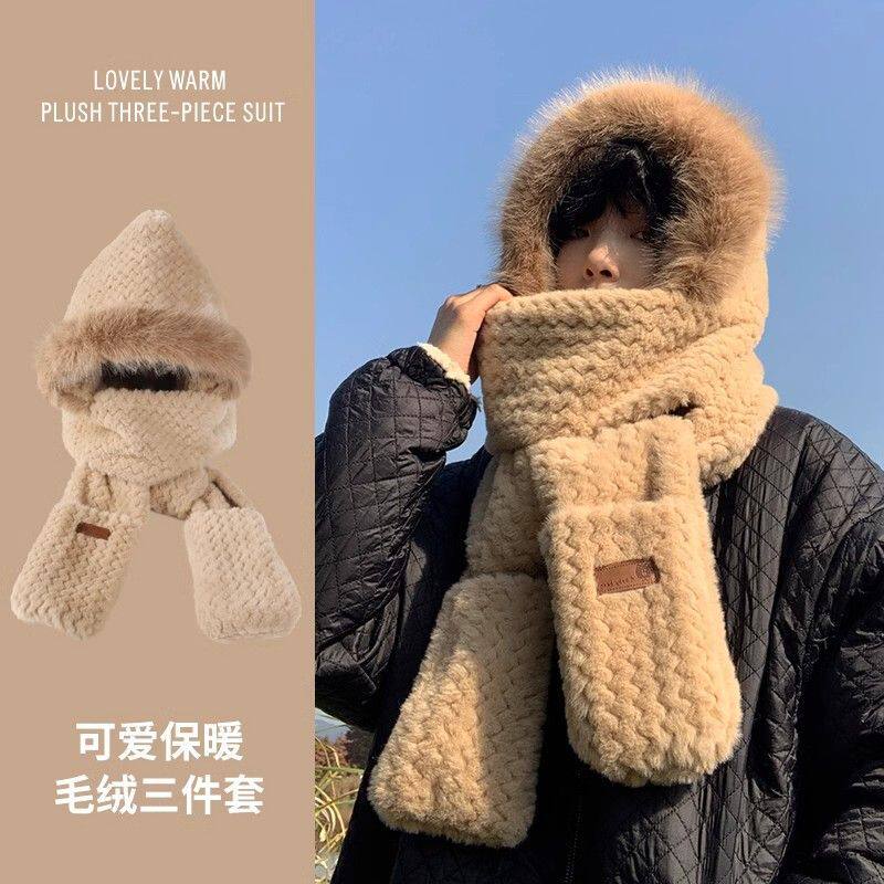 冬天帽子围巾一体男女同款三件套加绒加厚保暖冬季百搭连体帽围脖