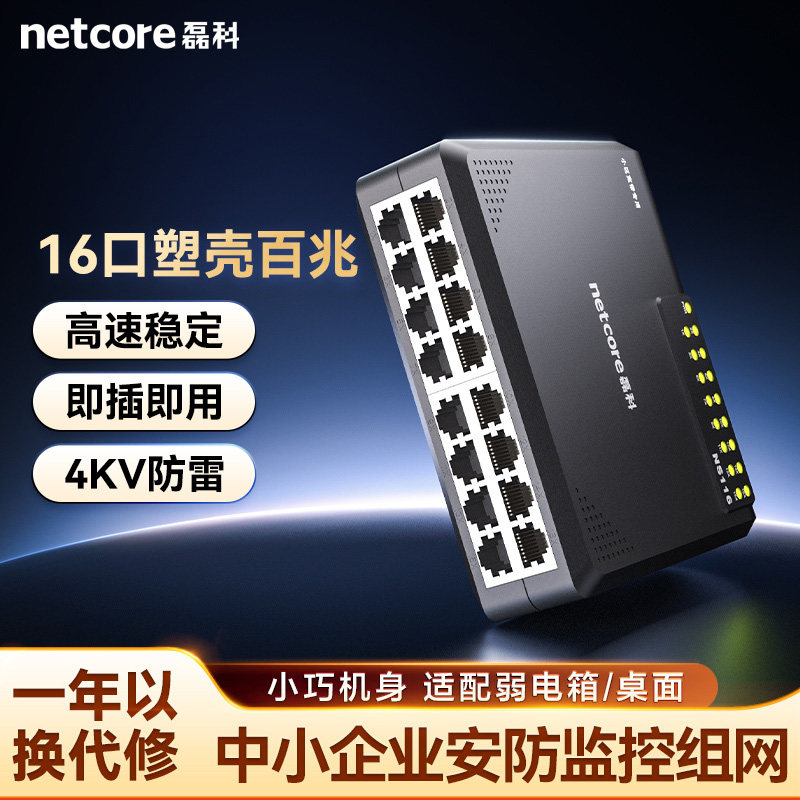 磊科NS116 百兆16口交换机高速家用网络集线器企业办公监控交换分流器网线分线器性能稳定防雷