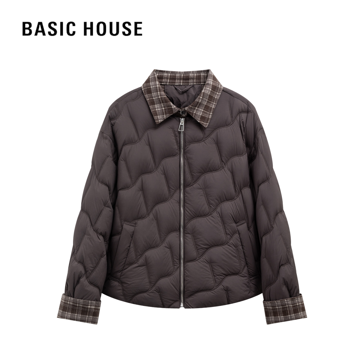 百家好撞色翻领菱格轻盈羽绒服