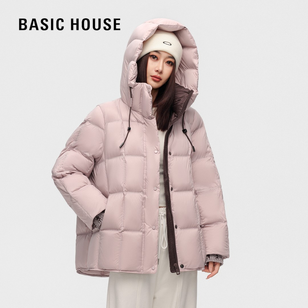 高品质撞色领连帽宽松羽绒服