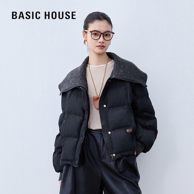 百家好针织大翻领拼接牛仔羽绒服