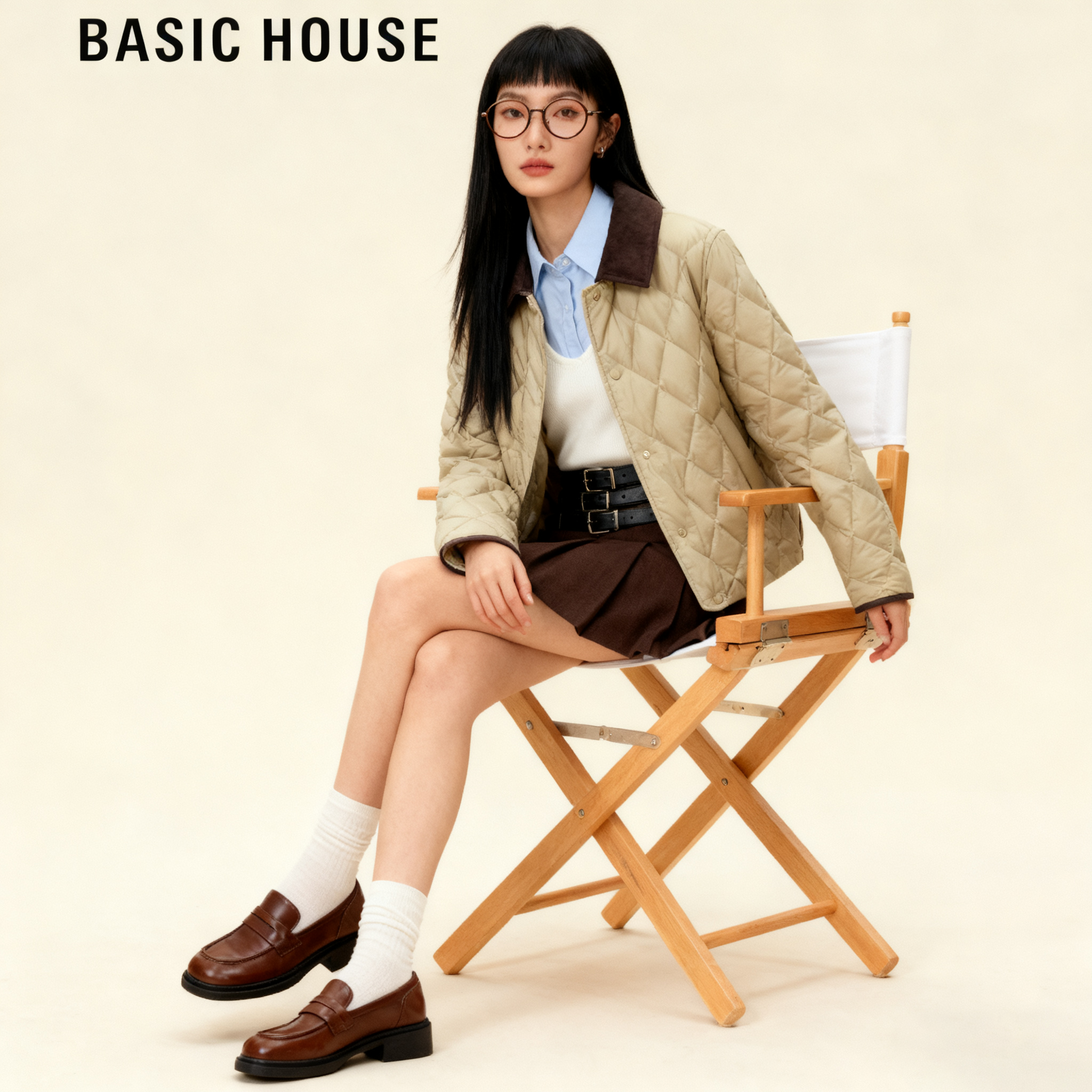 百家好复古学院风轻薄菱形格短款羽绒服冬季新款翻领鸭绒保暖外套