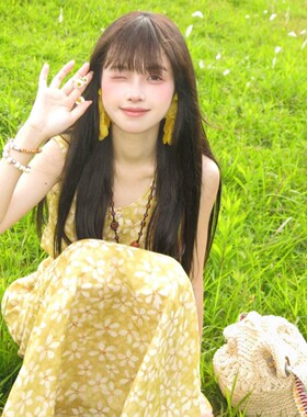 法式黄色无袖背心碎花吊带连衣裙女夏季2025新款海边度假气质长裙