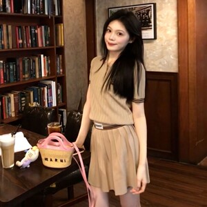 韩系复古学院风针织短袖连衣裙子女2025新款夏季辣妹百褶裙两件套