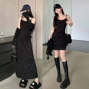 茶歇法式 穿搭黑色碎花吊带连衣裙子女夏季 气质长裙 秋季 2026年新款