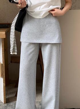 柠檬绿茶-腿精作bi器假两件屁帘阔腿裤休闲裤10189