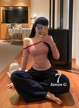 韩风条纹斜肩长袖T恤女修身打底衫辣妹纯欲风露肩上衣小衫长袖T恤