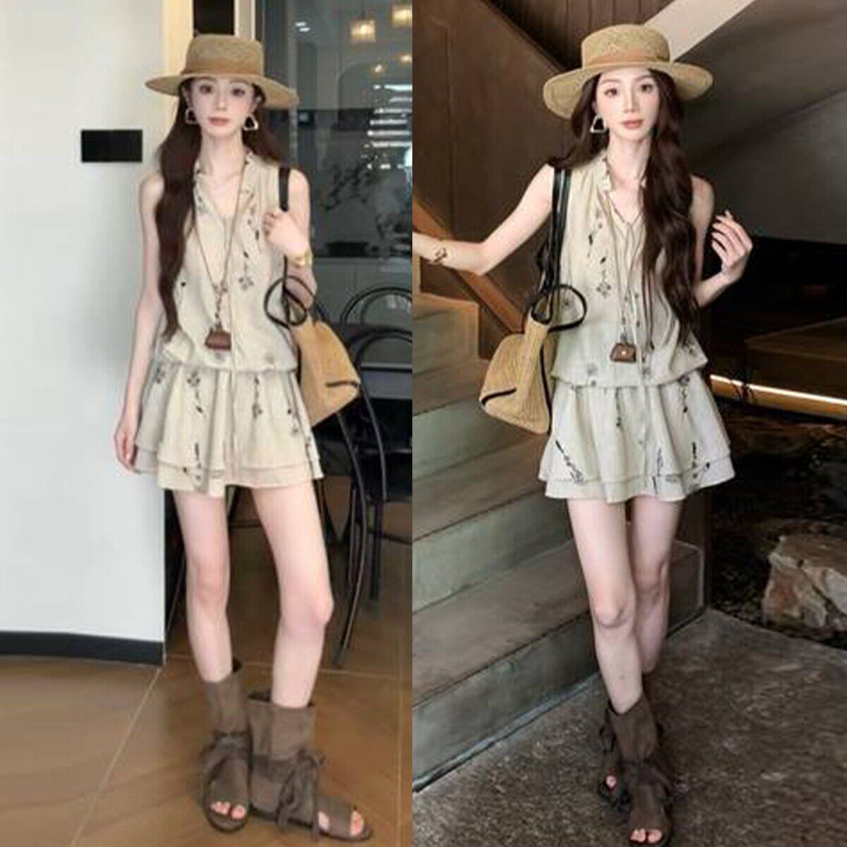 洋气减龄小个子度假风女装夏季无袖背心搭配半裙雪纺碎花两件套装