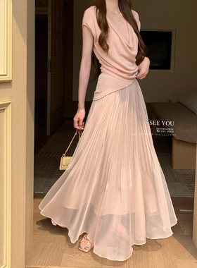 法式仙气复古压褶工艺松紧腰设计感时大摆半身裙(不含上衣)