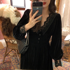 Autumn and winter dress light luxury celebrity temperament velvet dress noble foreign style with overcoat and bottomed black skirt