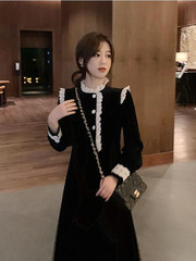 French black velvet dress women's autumn and winter new lace bottomed small black skirt medium length temperament slim skirt