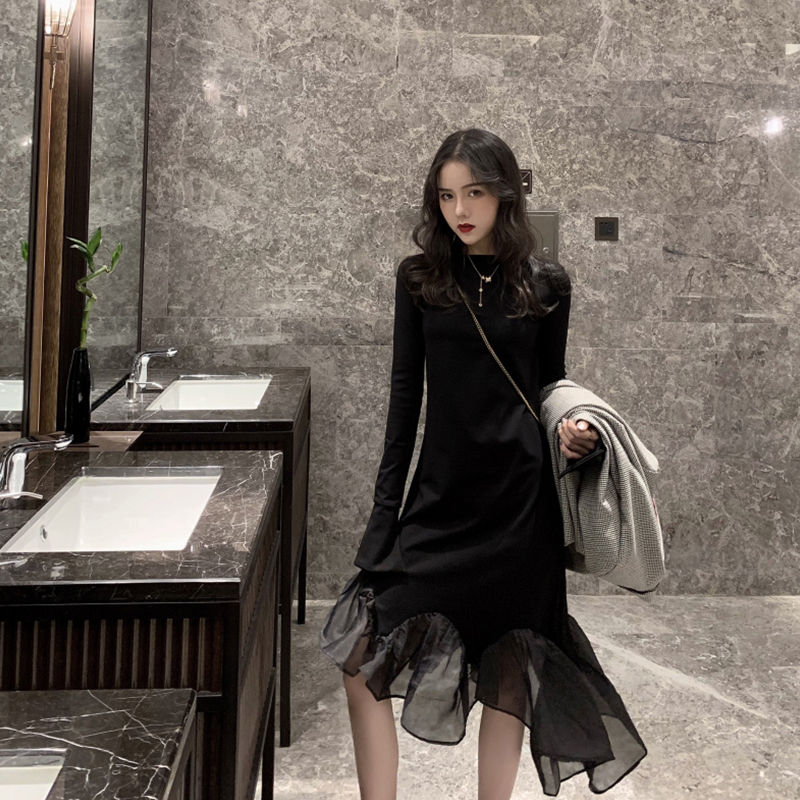 Spring French long skirt with advanced temperament and slim fitting skirt with bottom coat and black dress