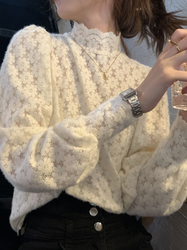 Long sleeve half high collar shirt, western style, spring style, thickened, hollow out and ground lace shirt, lace with bottom coat