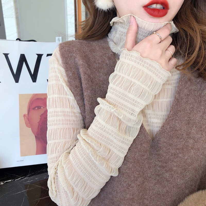 High collar lace bottomed shirt for women with foreign style spring and spring new versatile high end with plush mesh top