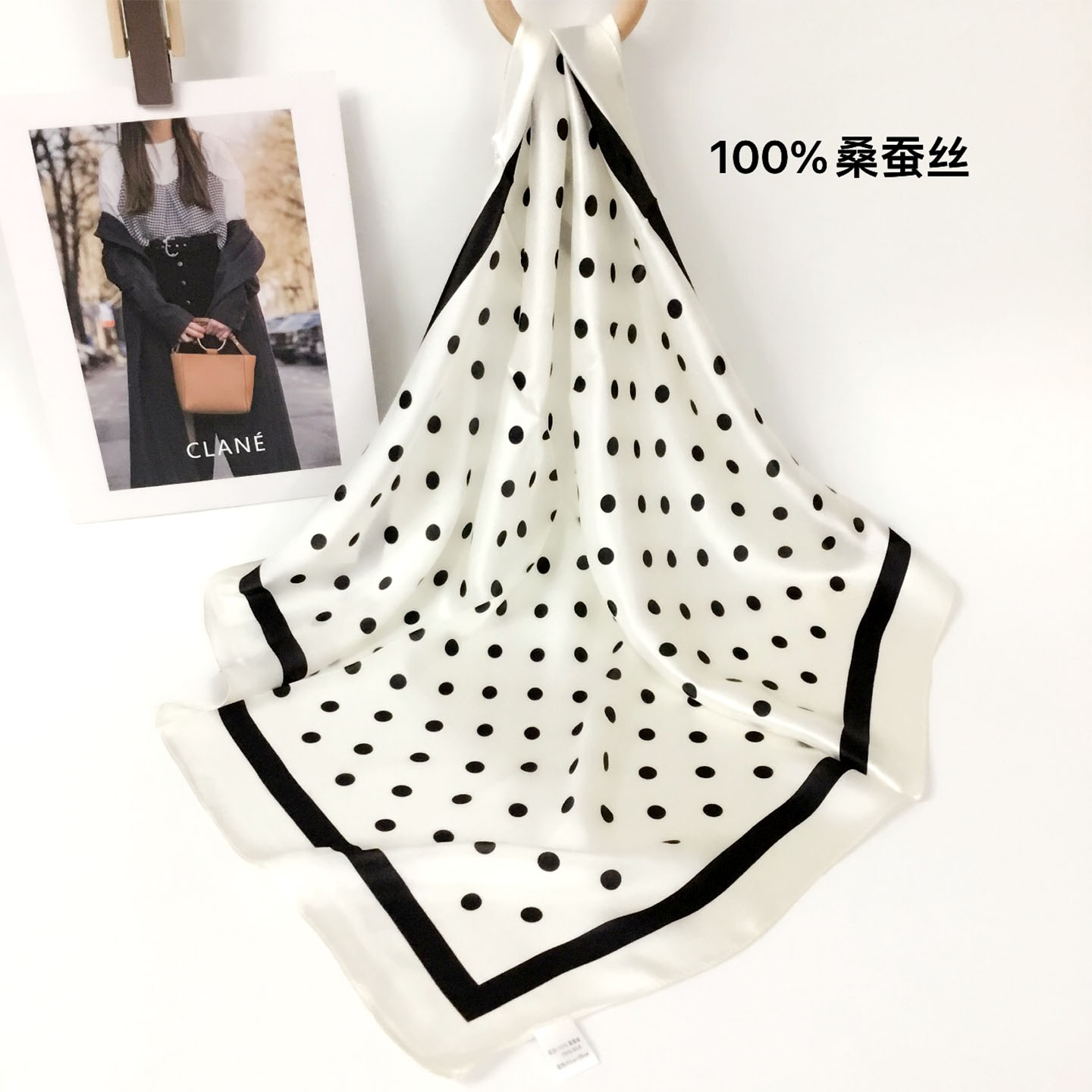 100%桑蚕丝波点方巾女秋季简约百搭65cm真丝丝巾送妈妈教师节礼物