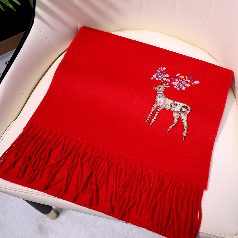 2025秋冬新款围巾女绵羊毛刺绣保暖披肩礼物送妈妈长辈礼盒装红色