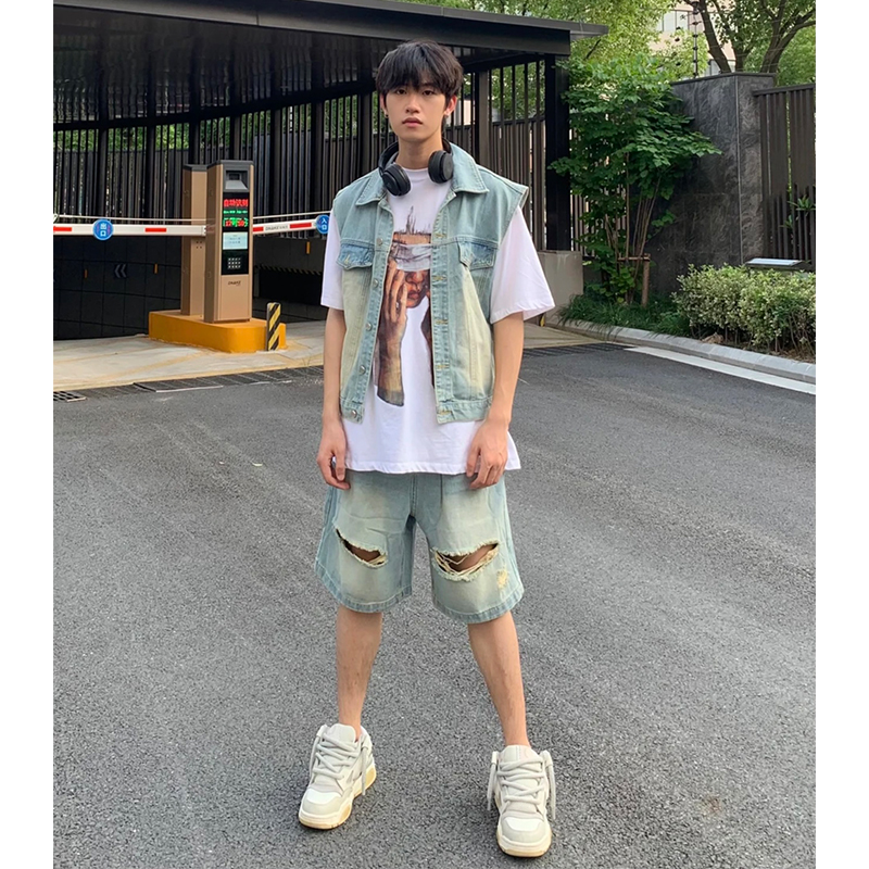 做旧水洗质感牛仔马甲短裤套装