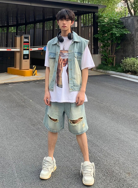 fmario 复古做旧无性别马甲外套夏季破洞五分裤短裤牛仔套装男女