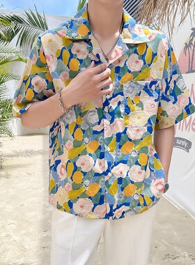 fmario 莫奈花园 韩风油画短袖花衬衫潮流休闲宽松薄款衬衣男女