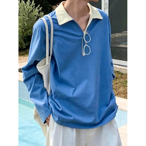 美式翻领长袖T恤多巴胺
