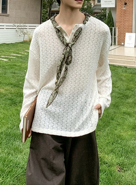 fmario【风吻颈间】植物纹印花丝巾镂空针织衫防晒男女亨利领内搭