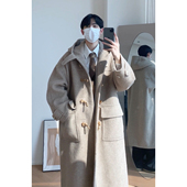 羊毛牛角扣加厚连帽呢大衣男女韩版 fmario 青春高校 毛呢外套冬