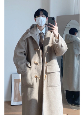 fmario【青春高校】羊毛牛角扣加厚连帽呢大衣男女韩版毛呢外套冬