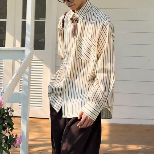 学院风蝴蝶领结美拉德条纹衬衫