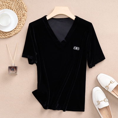 夏季短款短袖V领金丝绒T恤女打底