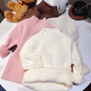 儿童毛衣一体绒半高领秋冬2026新款女童毛衣加绒加厚男童毛衣套头