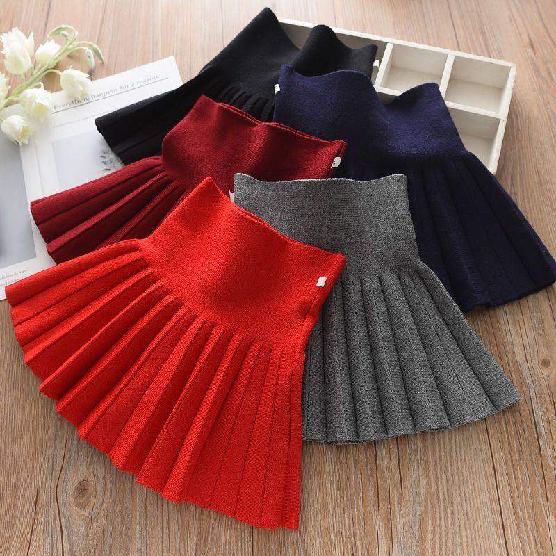 女童半身裙儿童短款针织百褶高腰裙女孩冬款超短裙子黑色冬裙休闲